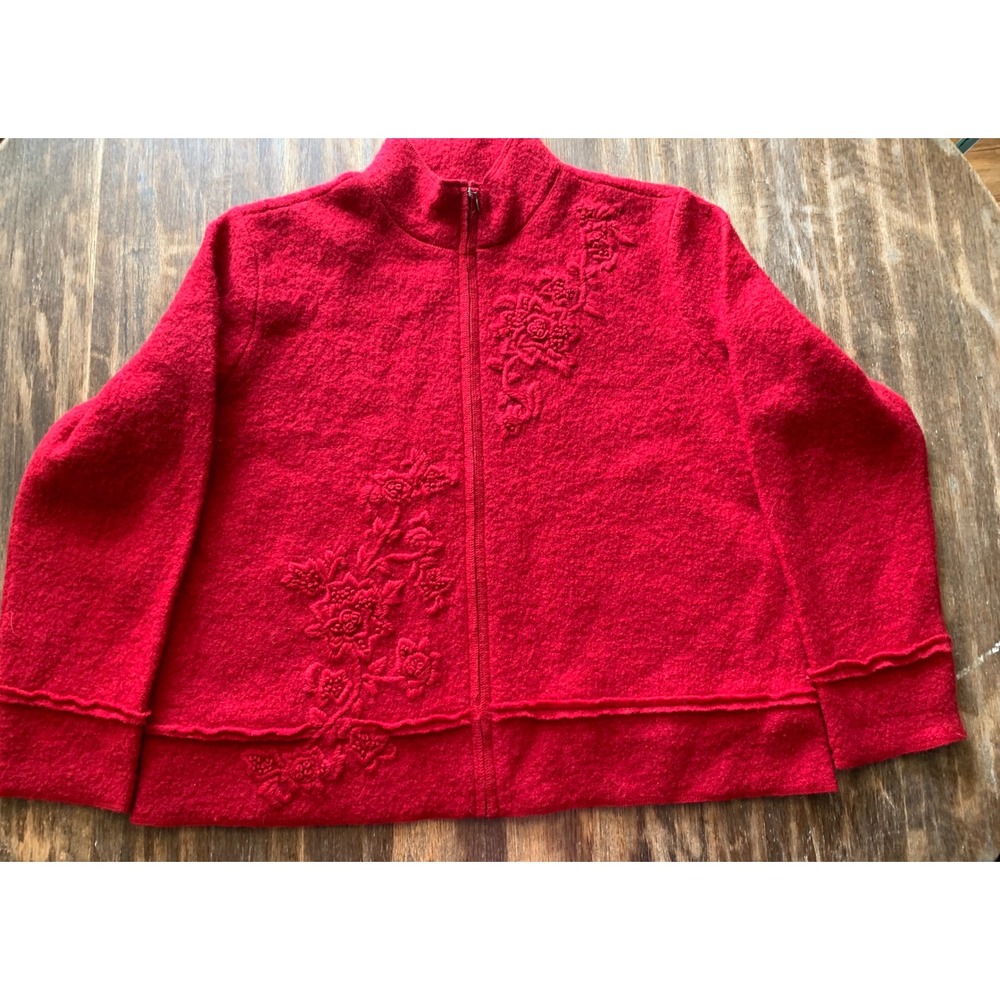 Coldwater Creek Red Boiled Wool Floral Embroidered Zip Jacket Vintage Boho Cozy